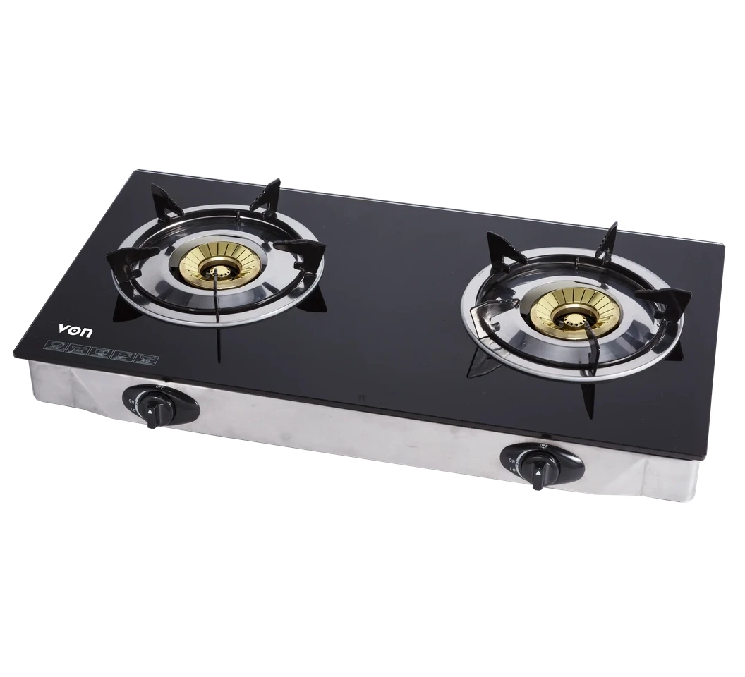 VON VCT2BWGG 2-Burner Gas Table Top Cooker – Brass Spiral Dual Burners
